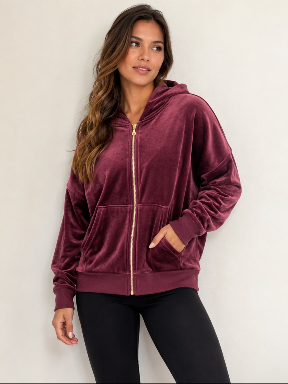 Felina Velour Zip Hoodie Burgundy XL Soft Stretch Lounge Jacket